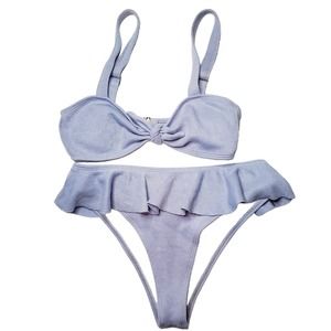 ✨️3/$20✨️NWOT-Sexy Baby Blue Ribbed Ruffle Cloth Front Tie Cheeky Bikini Med